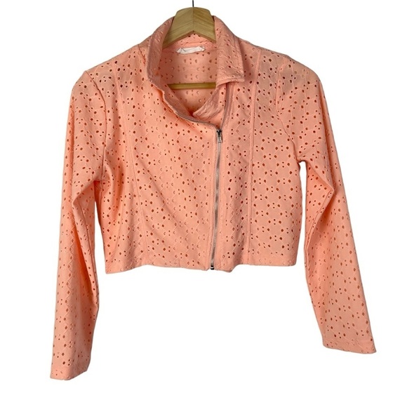 Knit Works Peach Pink Orange Eyelet Side Moto Zip Jacket L/14 - Picture 1 of 2